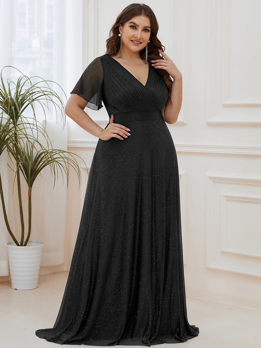 Bodenlanger V-Ausschnitt A-Linie Diamant Leinenkleid Mit Tiefem V-Ausschnitt Und Falten Details Kleid #Farbe_Schwarz