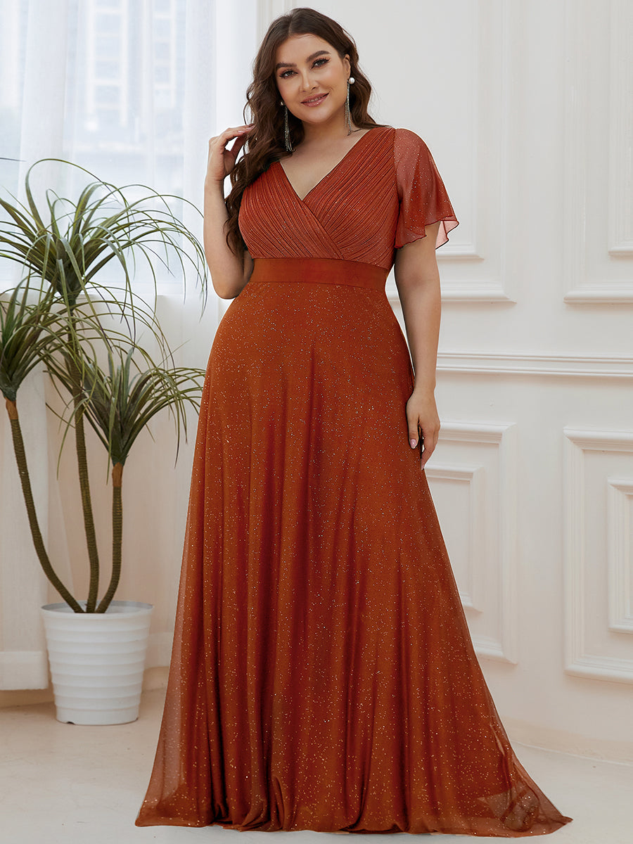 Bodenlanger A-Linien Kleid Mit Tiefem V-Ausschnitt Aus Diamant Leinen Falten Design Kleid #Farbe_Gebranntes Orange
