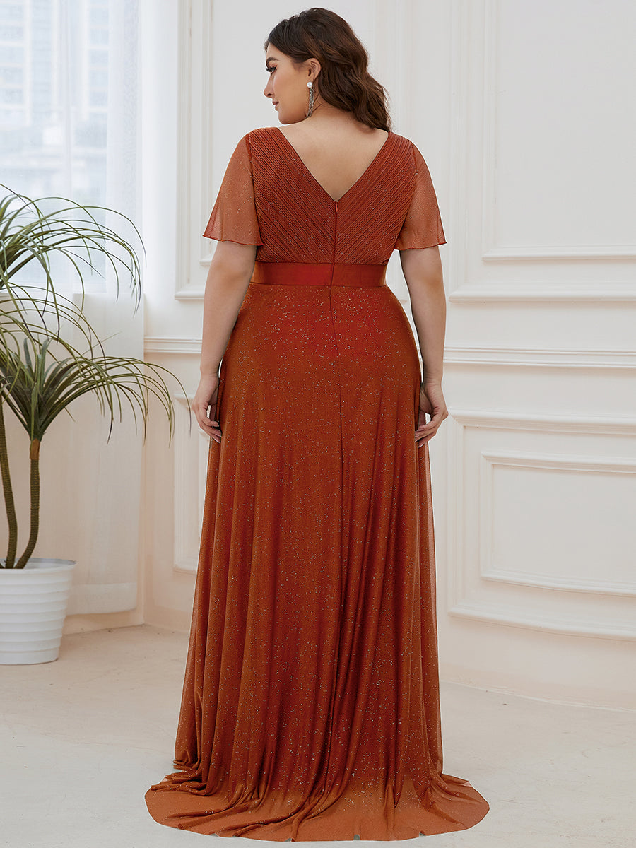 Bodenlanger A-Linien Kleid Mit Tiefem V-Ausschnitt Aus Diamant Leinen Falten Design Kleid #Farbe_Gebranntes Orange