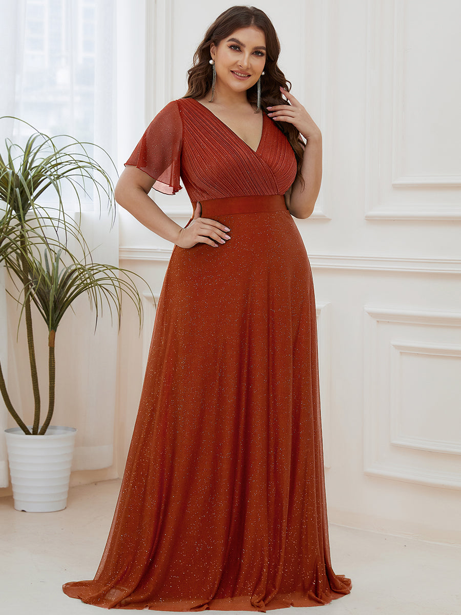 Bodenlanger A-Linien Kleid Mit Tiefem V-Ausschnitt Aus Diamant Leinen Falten Design Kleid #Farbe_Gebranntes Orange