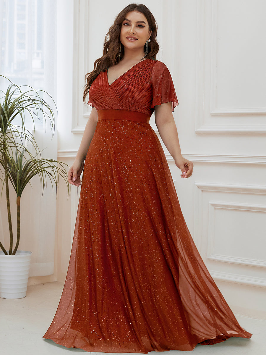 Bodenlanger A-Linien Kleid Mit Tiefem V-Ausschnitt Aus Diamant Leinen Falten Design Kleid #Farbe_Gebranntes Orange