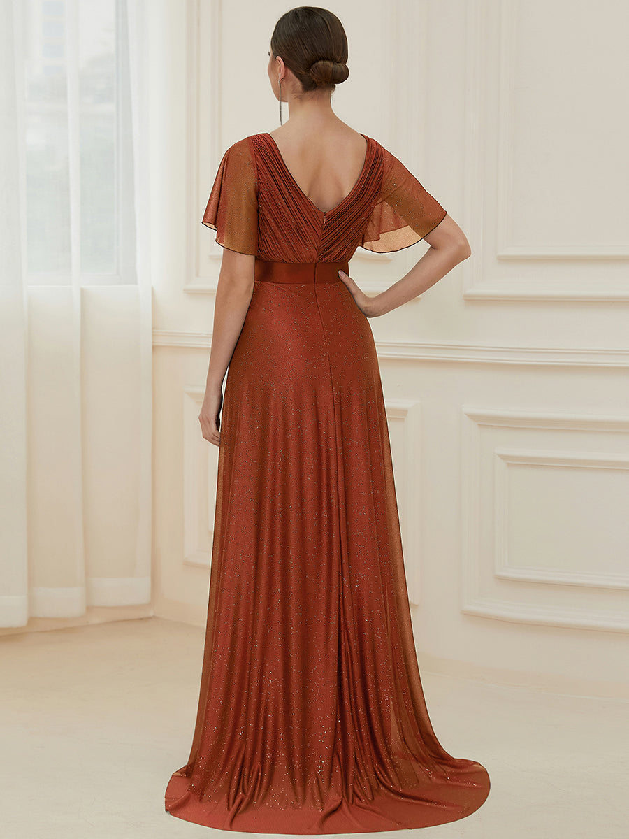 Bodenlanger A-Linien Kleid Mit Tiefem V-Ausschnitt Aus Diamant Leinen Falten Design Kleid #Farbe_Gebranntes Orange