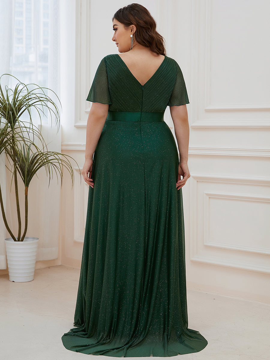 Bodenlanger A-Linien Kleid Mit Tiefem V-Ausschnitt Aus Diamant Leinen Falten Design Kleid #Farbe_Dunkelgrün