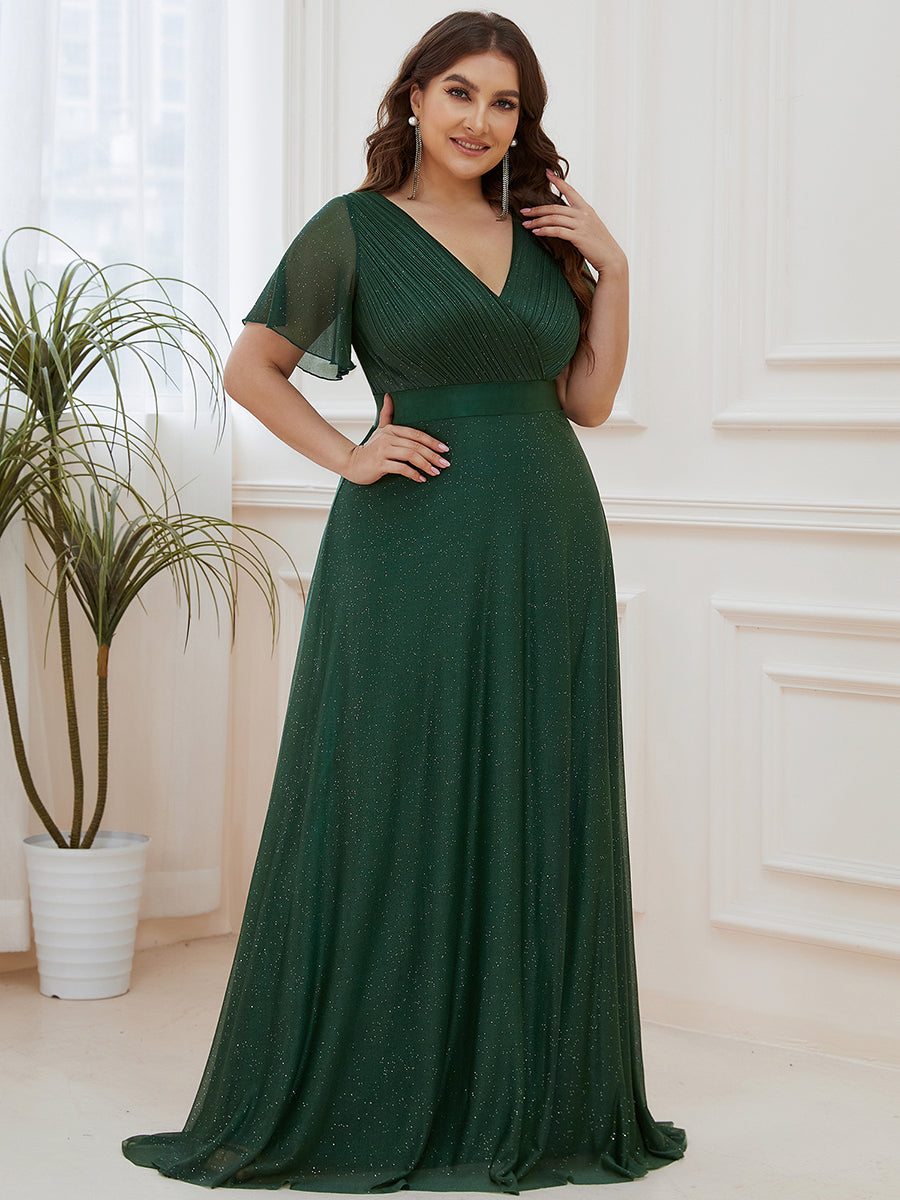 Bodenlanger A-Linien Kleid Mit Tiefem V-Ausschnitt Aus Diamant Leinen Falten Design Kleid #Farbe_Dunkelgrün