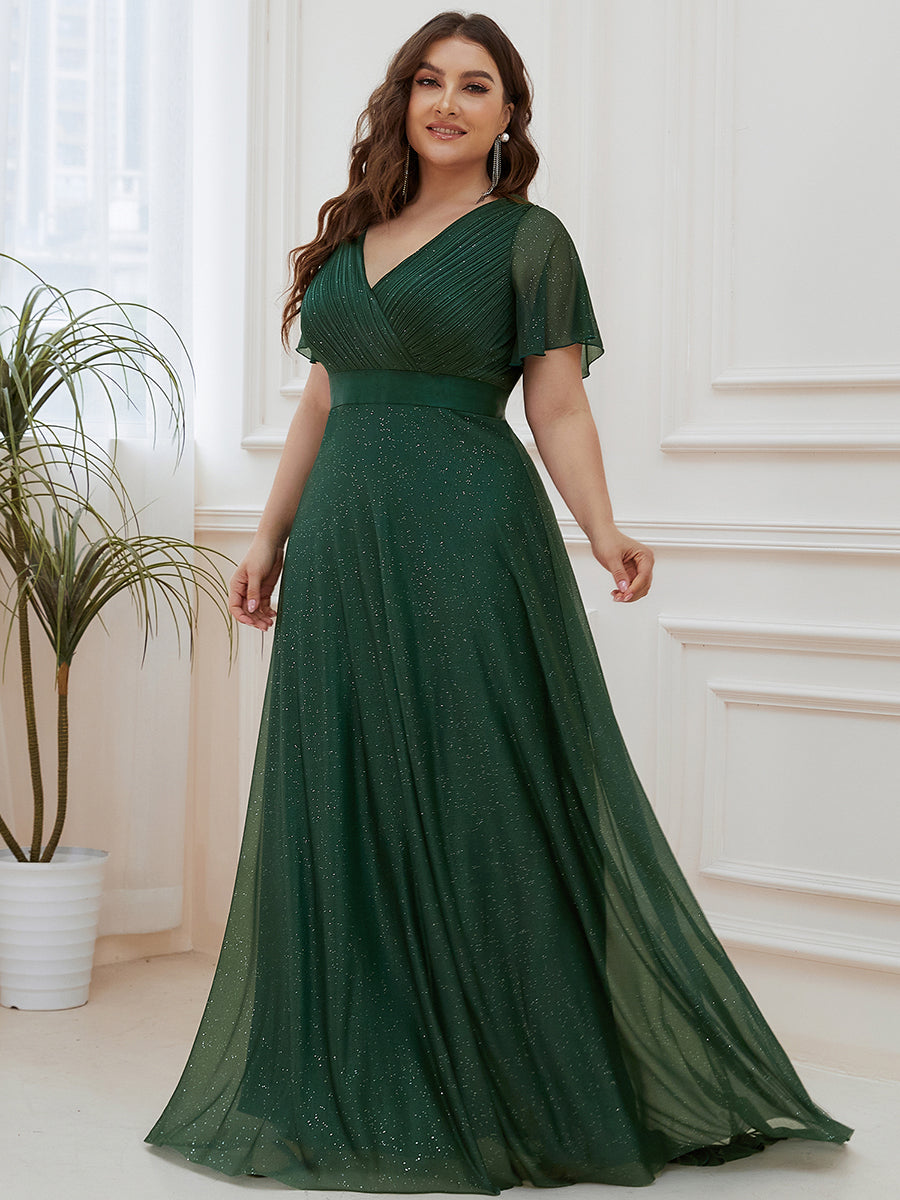 Bodenlanger A-Linien Kleid Mit Tiefem V-Ausschnitt Aus Diamant Leinen Falten Design Kleid #Farbe_Dunkelgrün