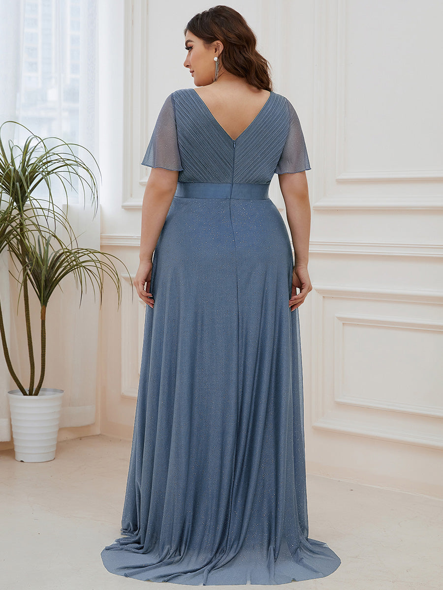 Bodenlanger A-Linien Kleid Mit Tiefem V-Ausschnitt Aus Diamant Leinen Falten Design Kleid #Farbe_Taubenblau