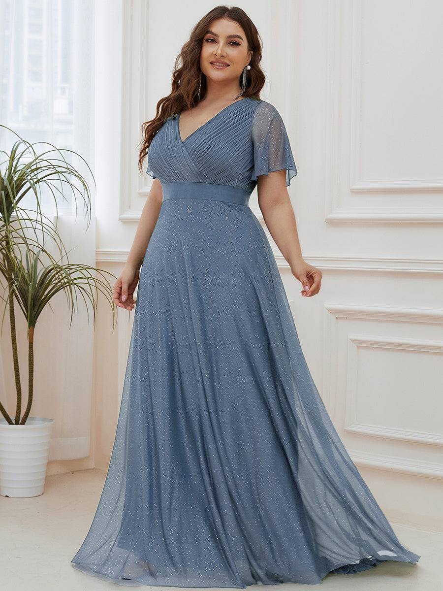 Bodenlanger A-Linien Kleid Mit Tiefem V-Ausschnitt Aus Diamant Leinen Falten Design Kleid #Farbe_Taubenblau
