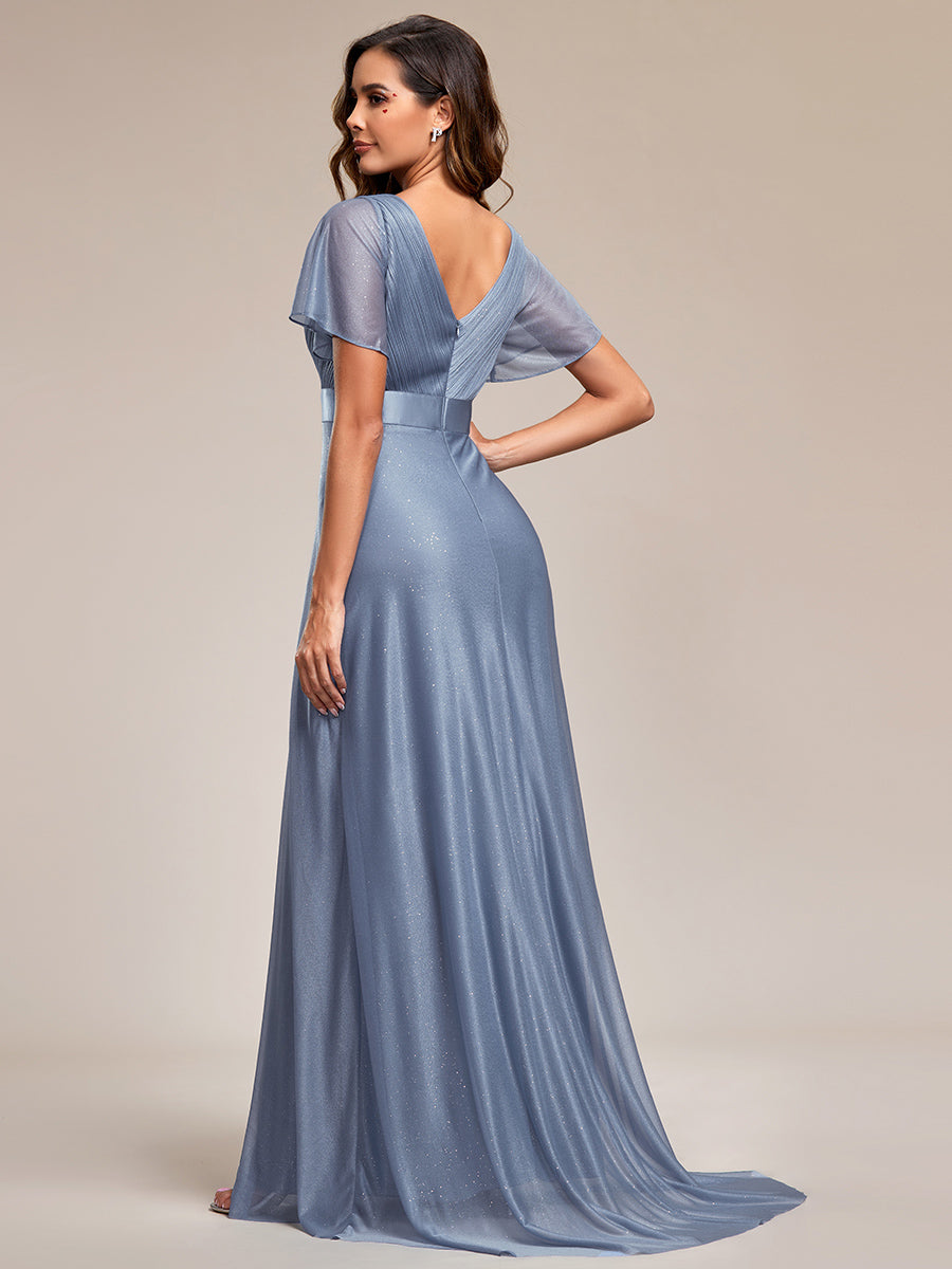 Bodenlanger A-Linien Kleid Mit Tiefem V-Ausschnitt Aus Diamant Leinen Falten Design Kleid #Farbe_Taubenblau