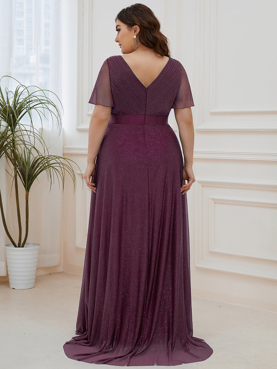 Bodenlanger A-Linien Kleid Mit Tiefem V-Ausschnitt Aus Diamant Leinen Falten Design Kleid #Farbe_Dunkelviolett