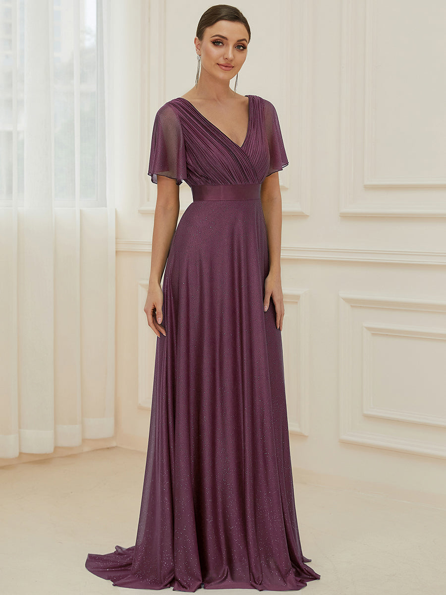 Bodenlanger A-Linien Kleid Mit Tiefem V-Ausschnitt Aus Diamant Leinen Falten Design Kleid #Farbe_Dunkelviolett