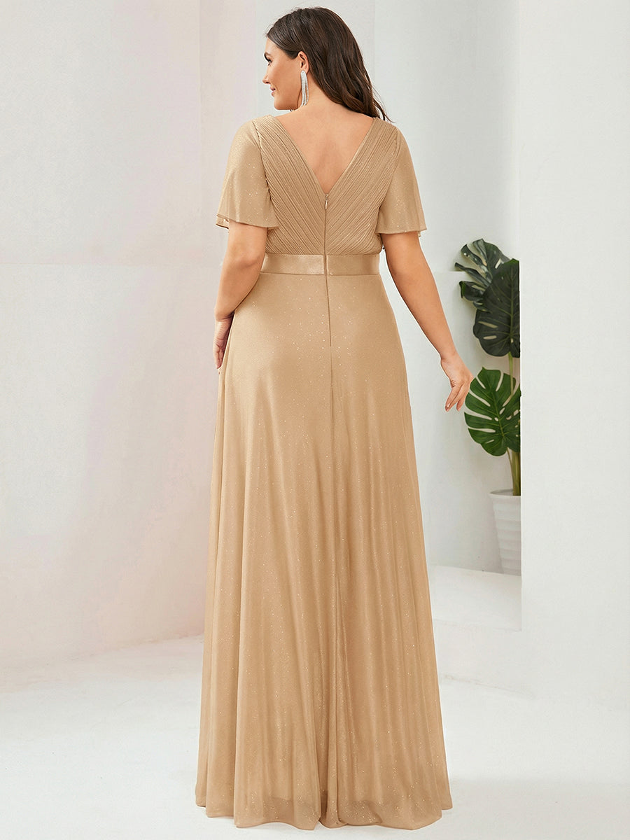 Bodenlanger A-Linien Kleid Mit Tiefem V-Ausschnitt Aus Diamant Leinen Falten Design Kleid #Farbe_Gold