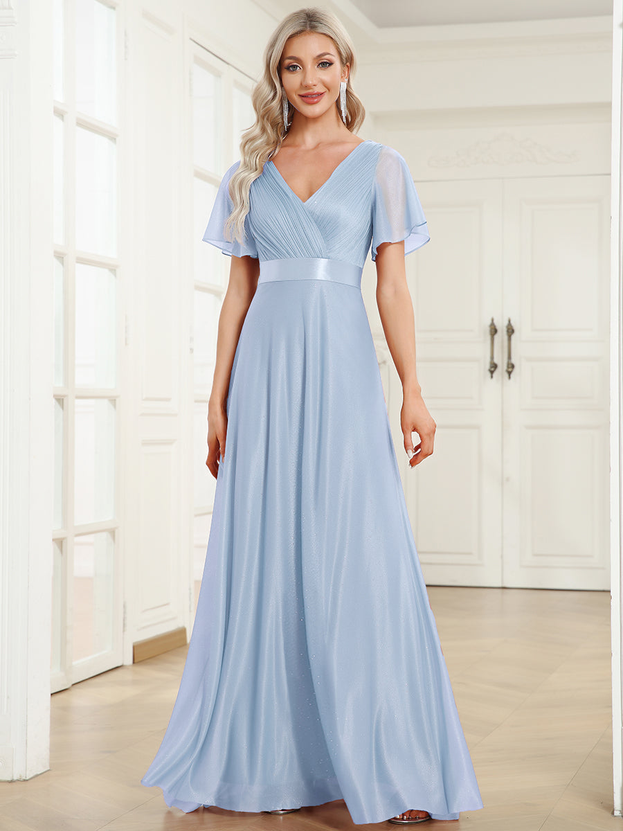 Bodenlanger A-Linien Kleid Mit Tiefem V-Ausschnitt Aus Diamant Leinen Falten Design Kleid #Farbe_Eisblau