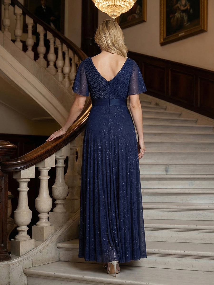 Bodenlanger A-Linien Kleid Mit Tiefem V-Ausschnitt Aus Diamant Leinen Falten Design Kleid #Farbe_Marineblau