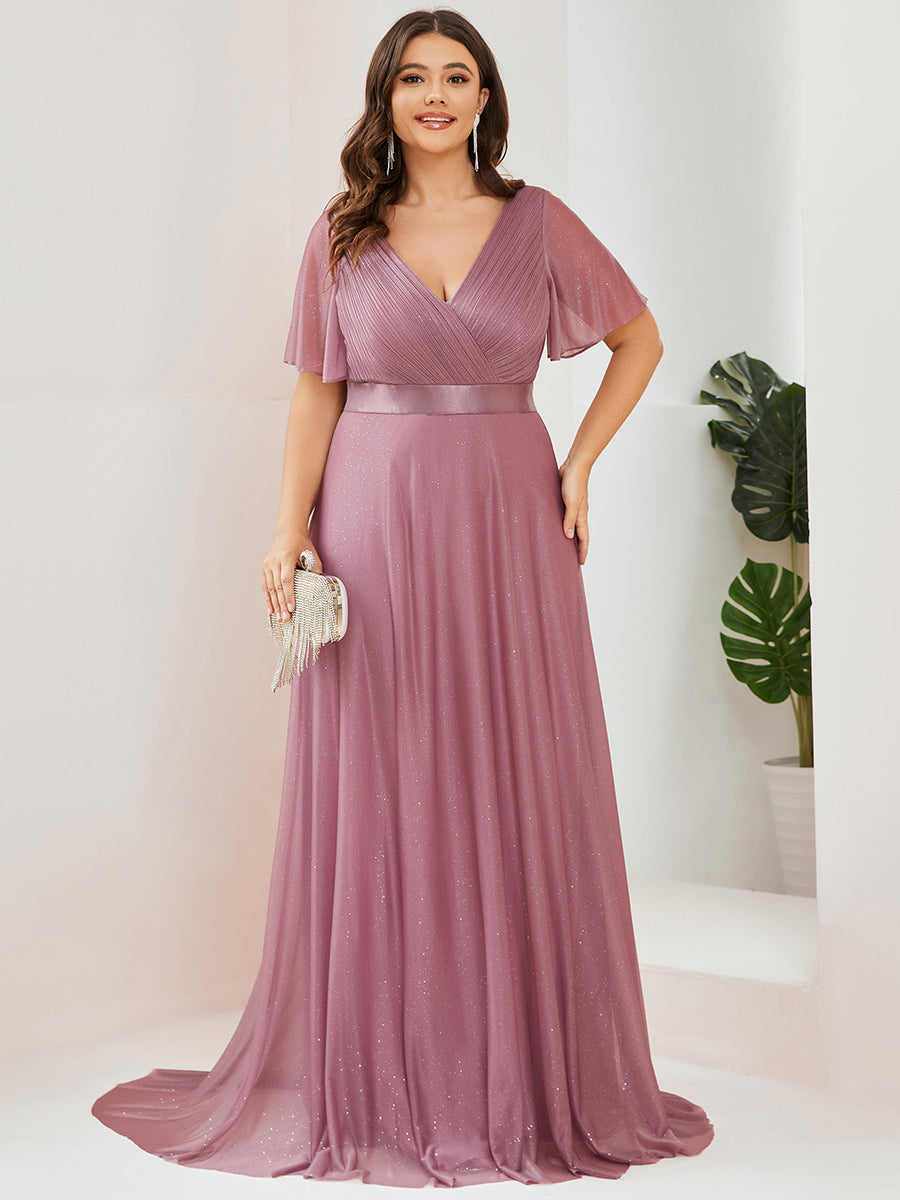 Bodenlanger A-Linien Kleid Mit Tiefem V-Ausschnitt Aus Diamant Leinen Falten Design Kleid #Farbe_Orchideenviolett