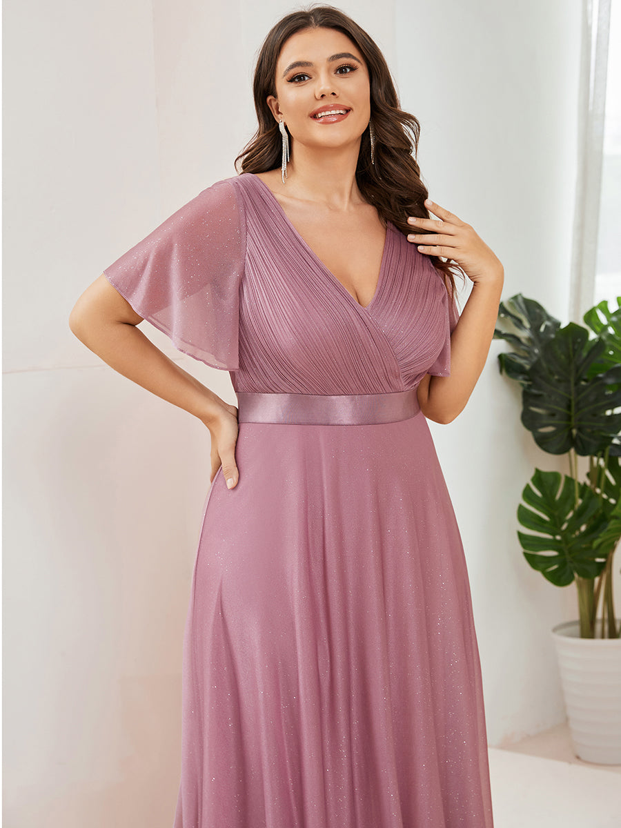 Bodenlanger A-Linien Kleid Mit Tiefem V-Ausschnitt Aus Diamant Leinen Falten Design Kleid #Farbe_Orchideenviolett