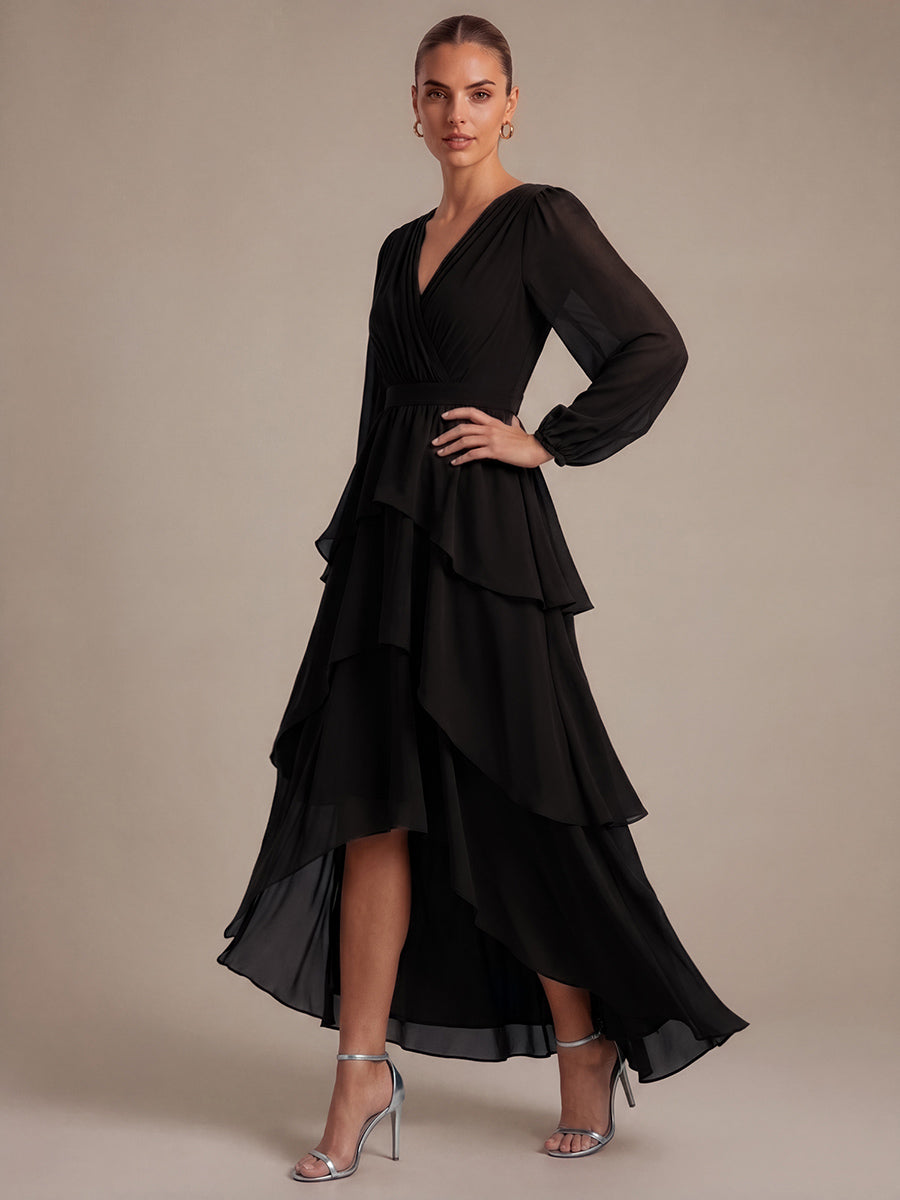 Asymmetrischer Saum Kleid Überkreuzter Ausschnitt A-Linien Schnitt Chiffon Smocked Volants #Farbe_Schwarz