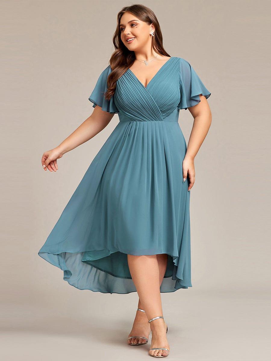 Funkelndes Abendkleid in A-Linie mit Empire-Taille und langen ?rmeln #farbe_Dusty Blau