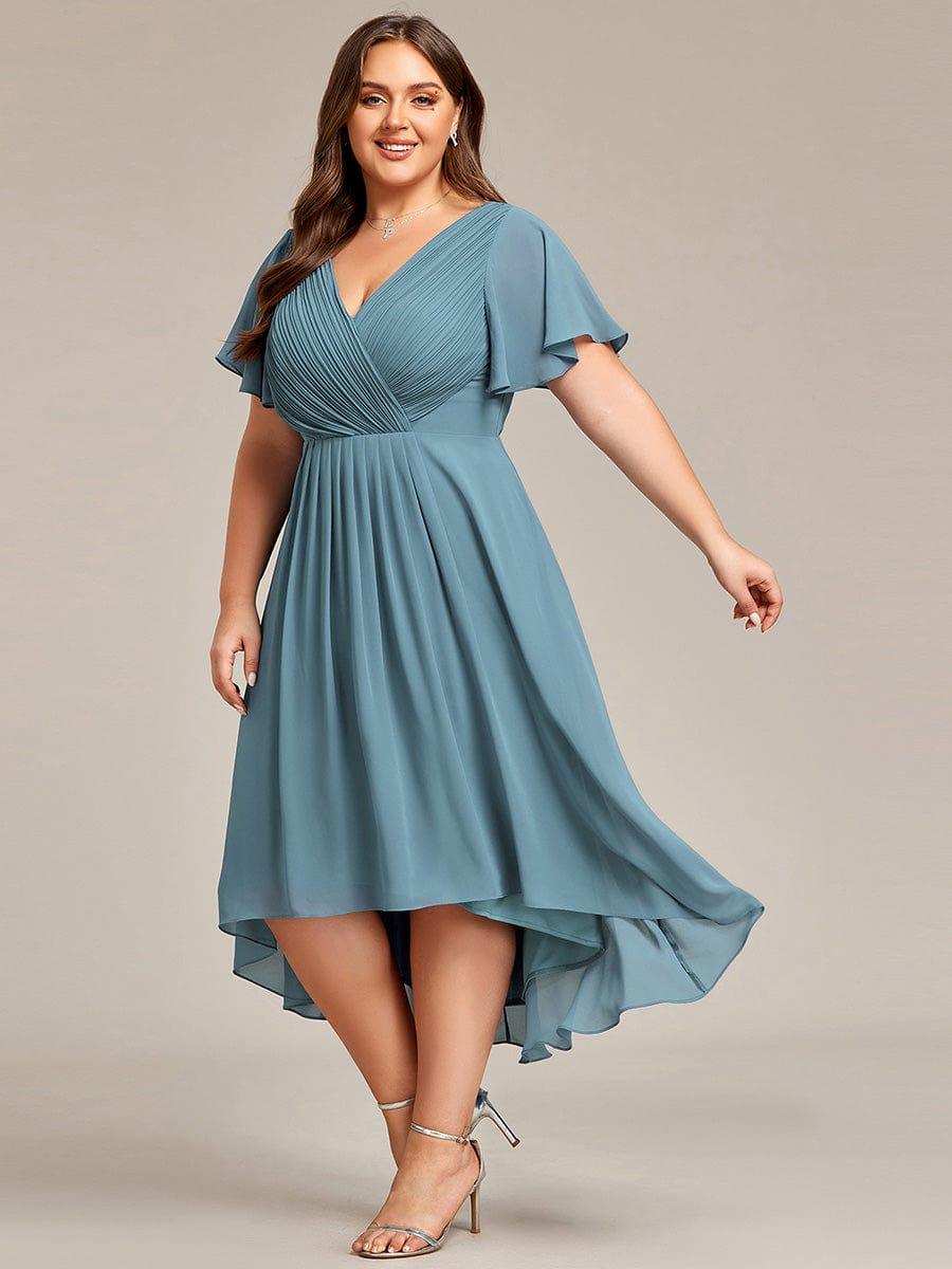 Funkelndes Abendkleid in A-Linie mit Empire-Taille und langen ?rmeln #farbe_Dusty Blau