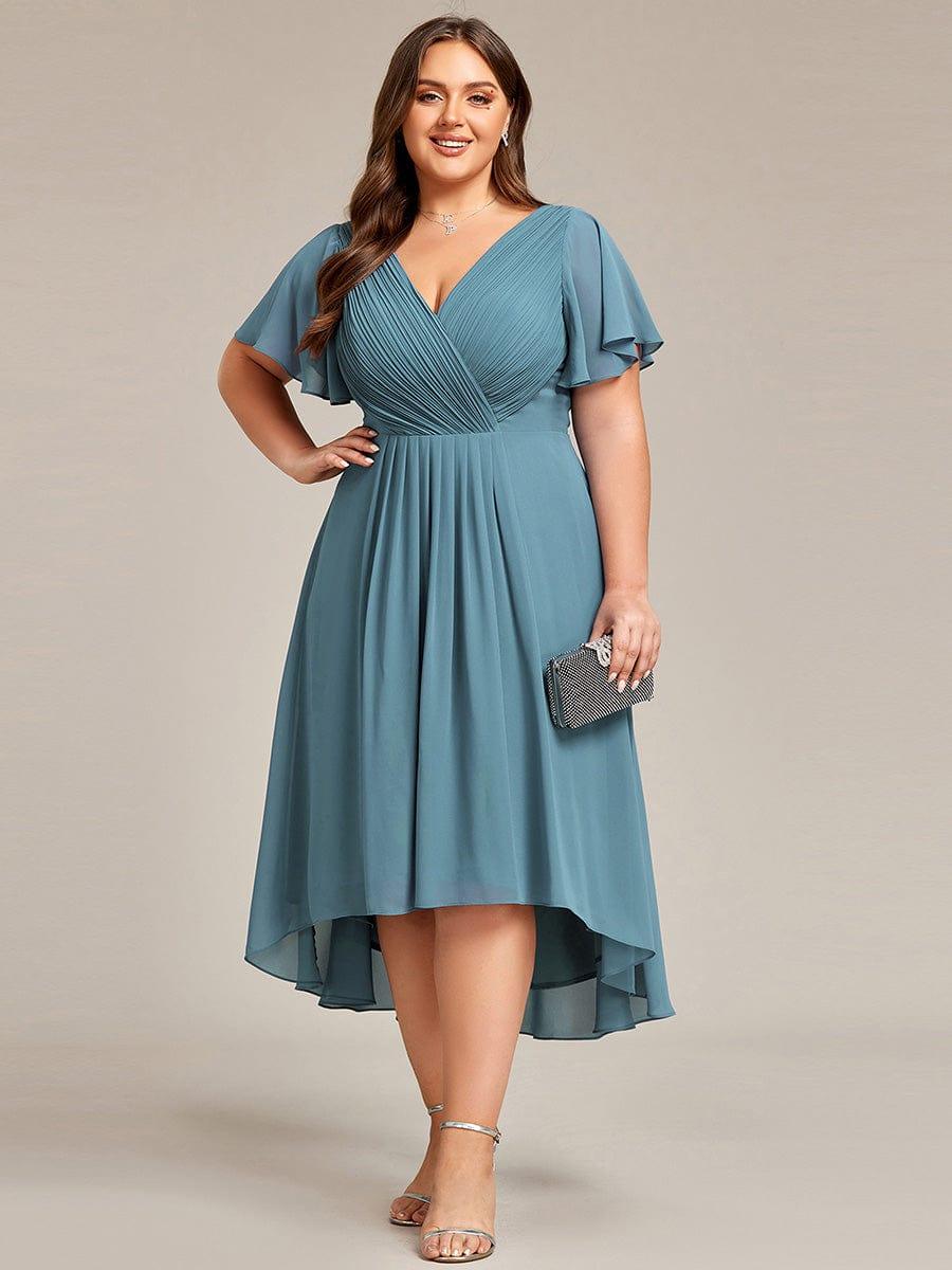 Funkelndes Abendkleid in A-Linie mit Empire-Taille und langen ?rmeln #farbe_Dusty Blau