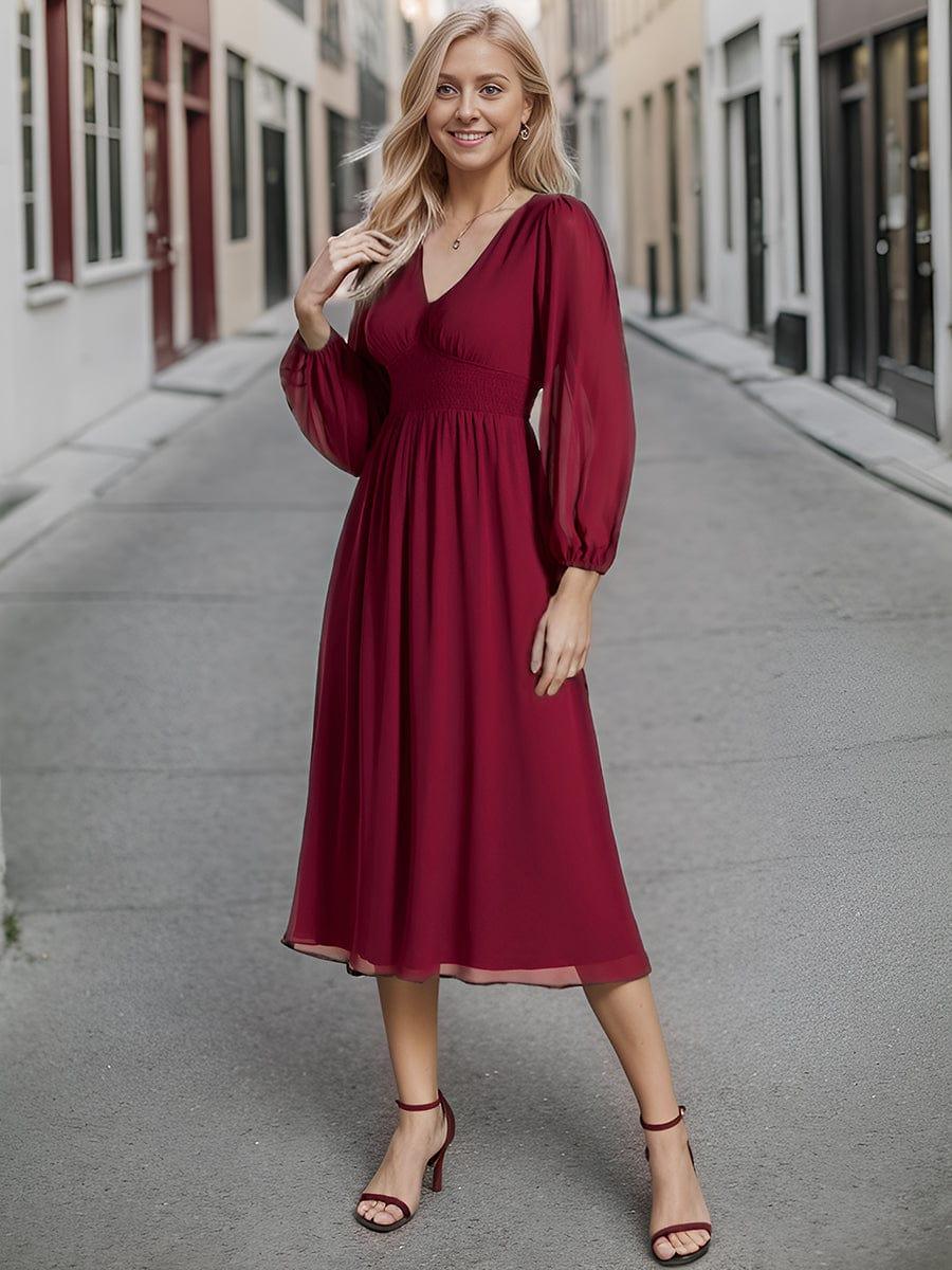 Funkelndes Abendkleid in A-Linie mit Empire-Taille und langen ?rmeln #farbe_Burgundy