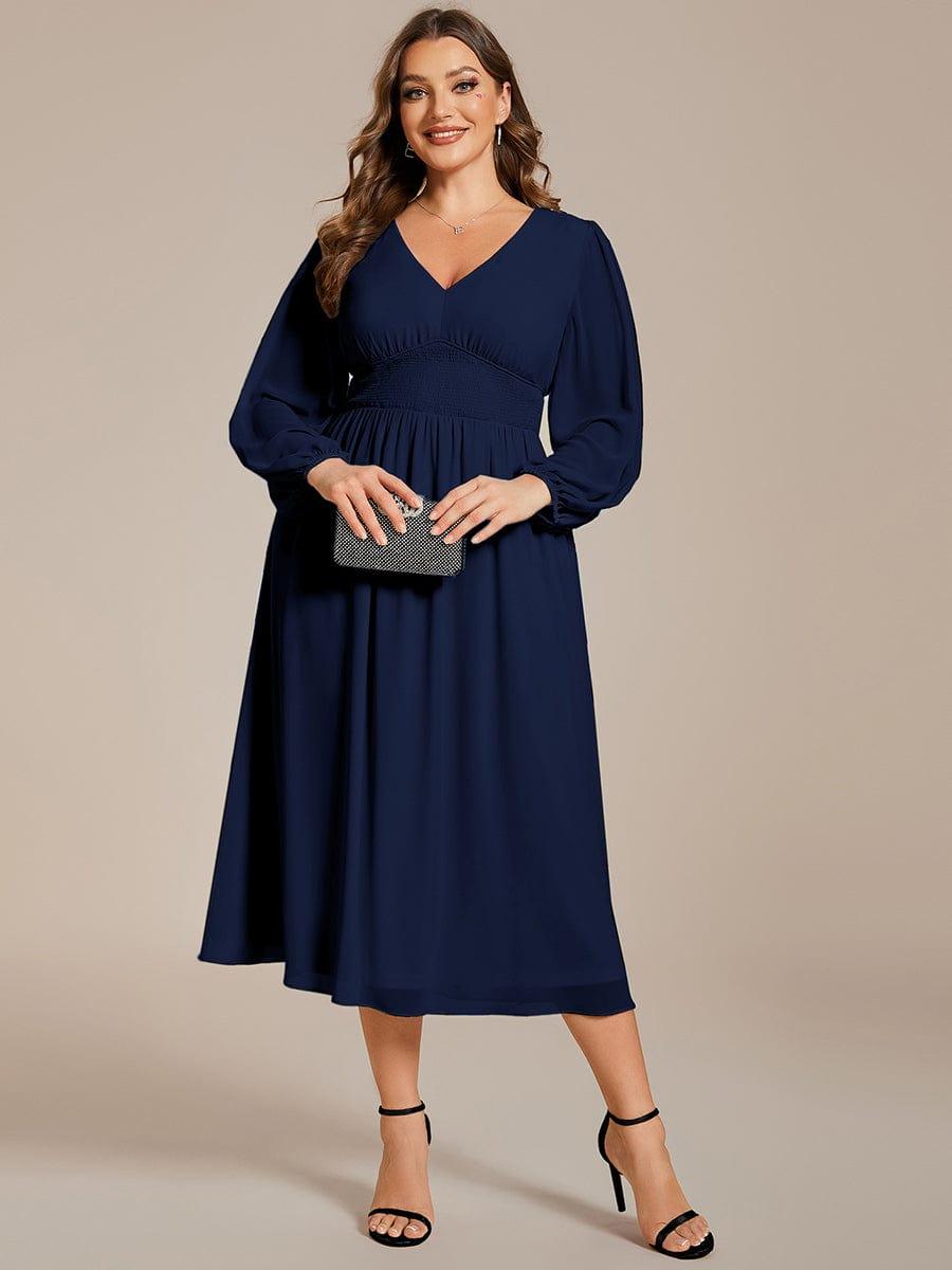 Funkelndes Abendkleid in A-Linie mit Empire-Taille und langen ?rmeln #farbe_Navy Blau