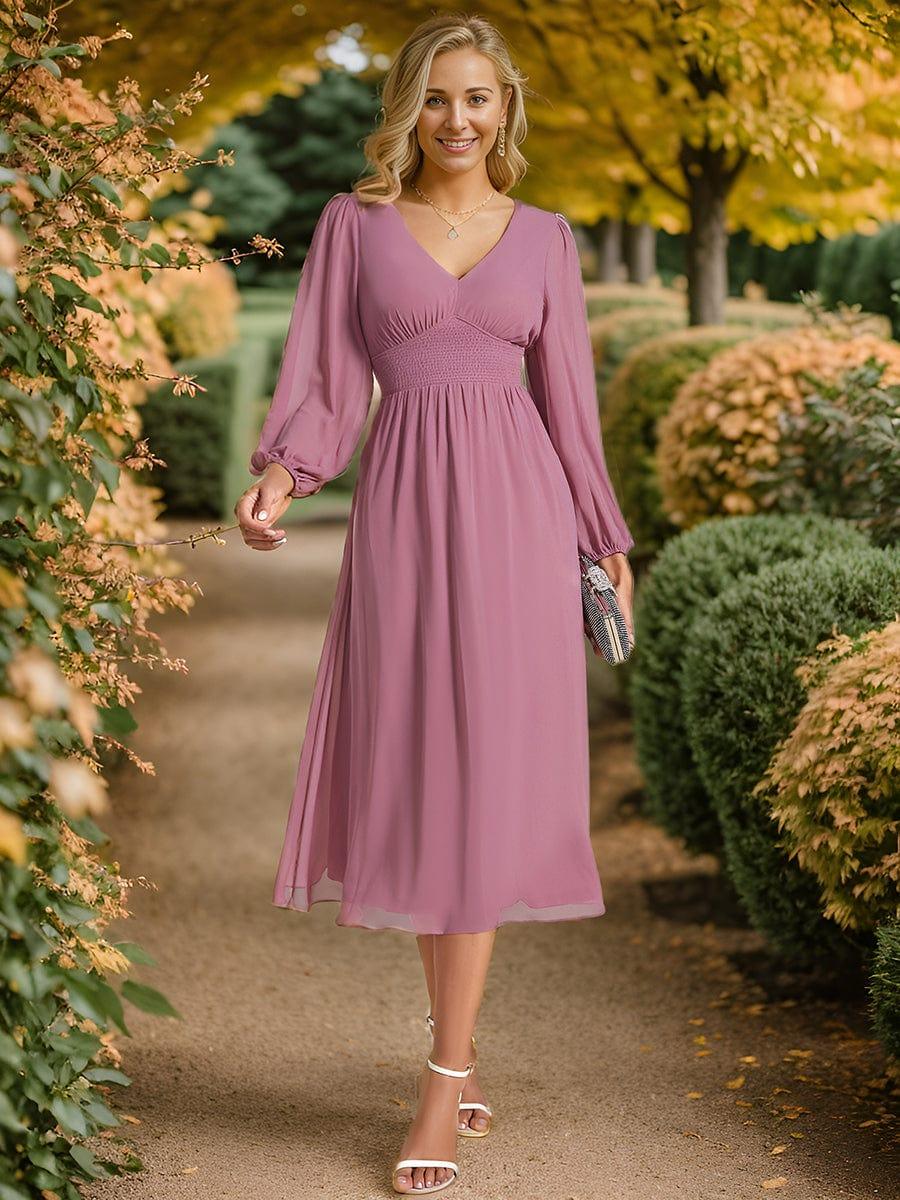 Funkelndes Abendkleid in A-Linie mit Empire-Taille und langen ?rmeln #farbe_Orchid