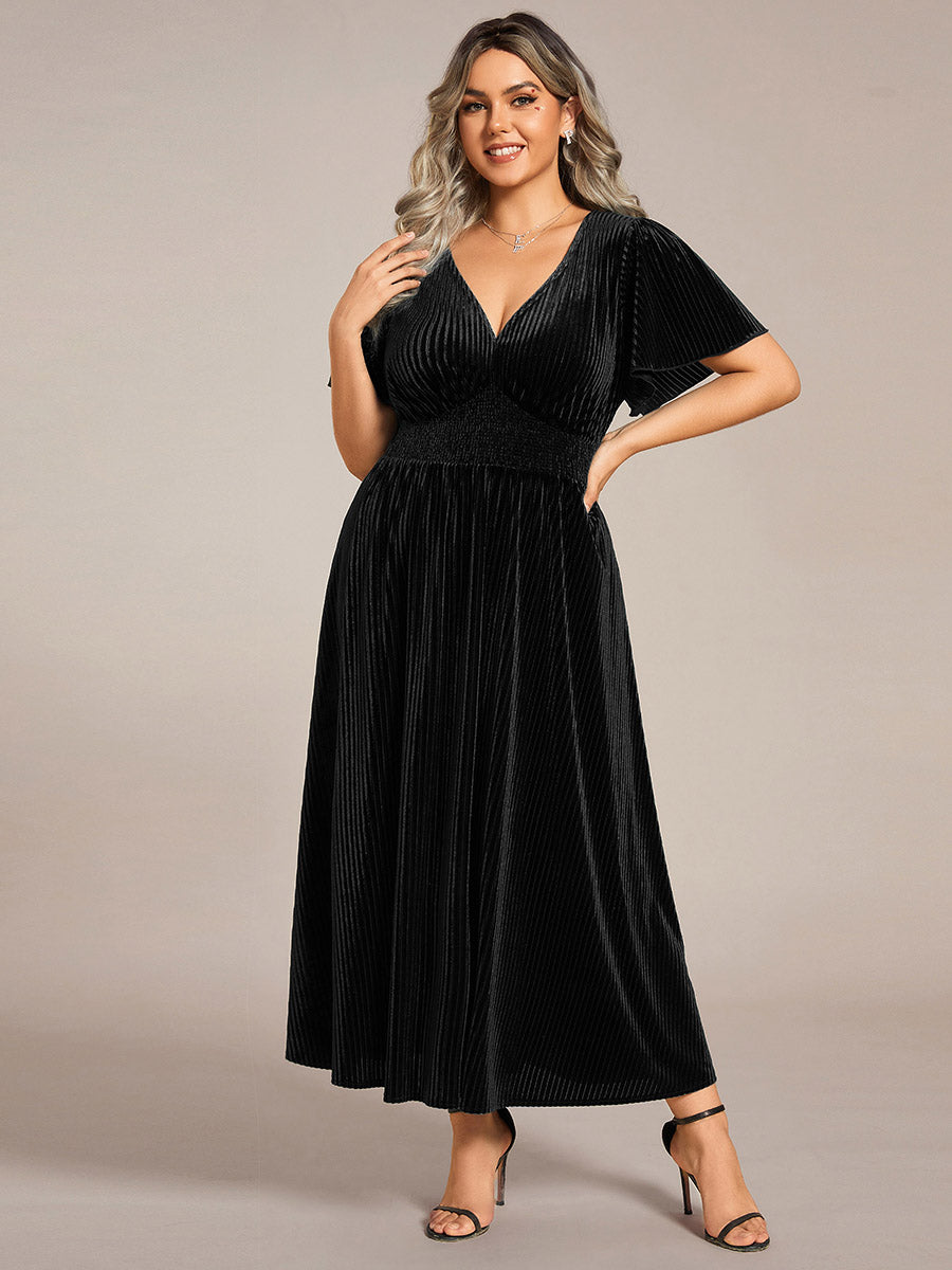 Midi Tee-Länge A-Linie Kleid Mit V-Ausschnitt Aus Weichem Samt Elegant Und Bequem Kleid #Farbe_Schwarz