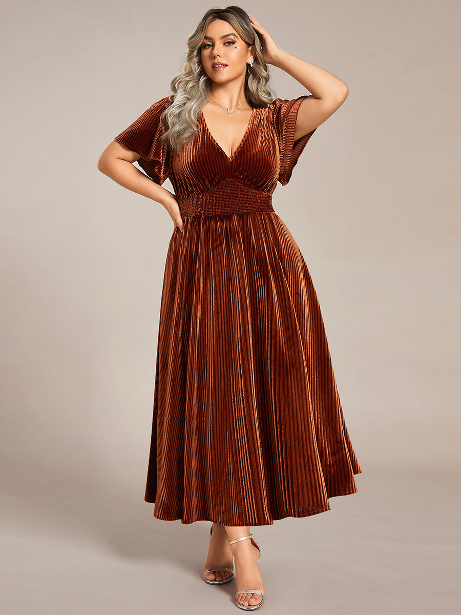Midi Tee-Länge A-Linie Kleid Mit V-Ausschnitt Aus Weichem Samt Elegant Und Bequem Kleid #Farbe_Karamell