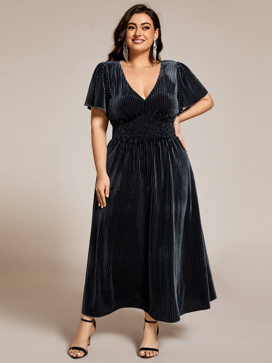 Midi Tee-Länge A-Linie Kleid Mit V-Ausschnitt Aus Weichem Samt Elegant Und Bequem Kleid #Farbe_Graublau