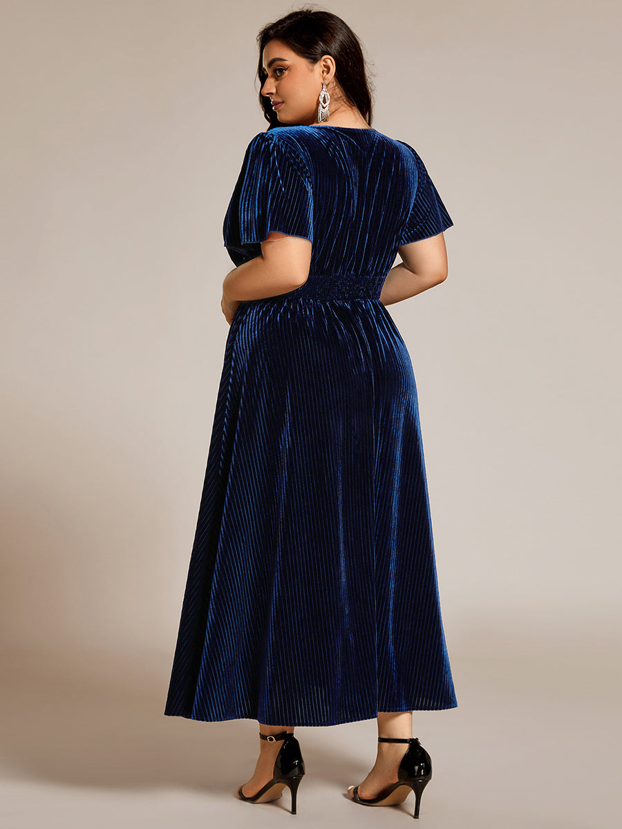 Midi Tee-Länge A-Linie Kleid Mit V-Ausschnitt Aus Weichem Samt Elegant Und Bequem Kleid #Farbe_Marineblau