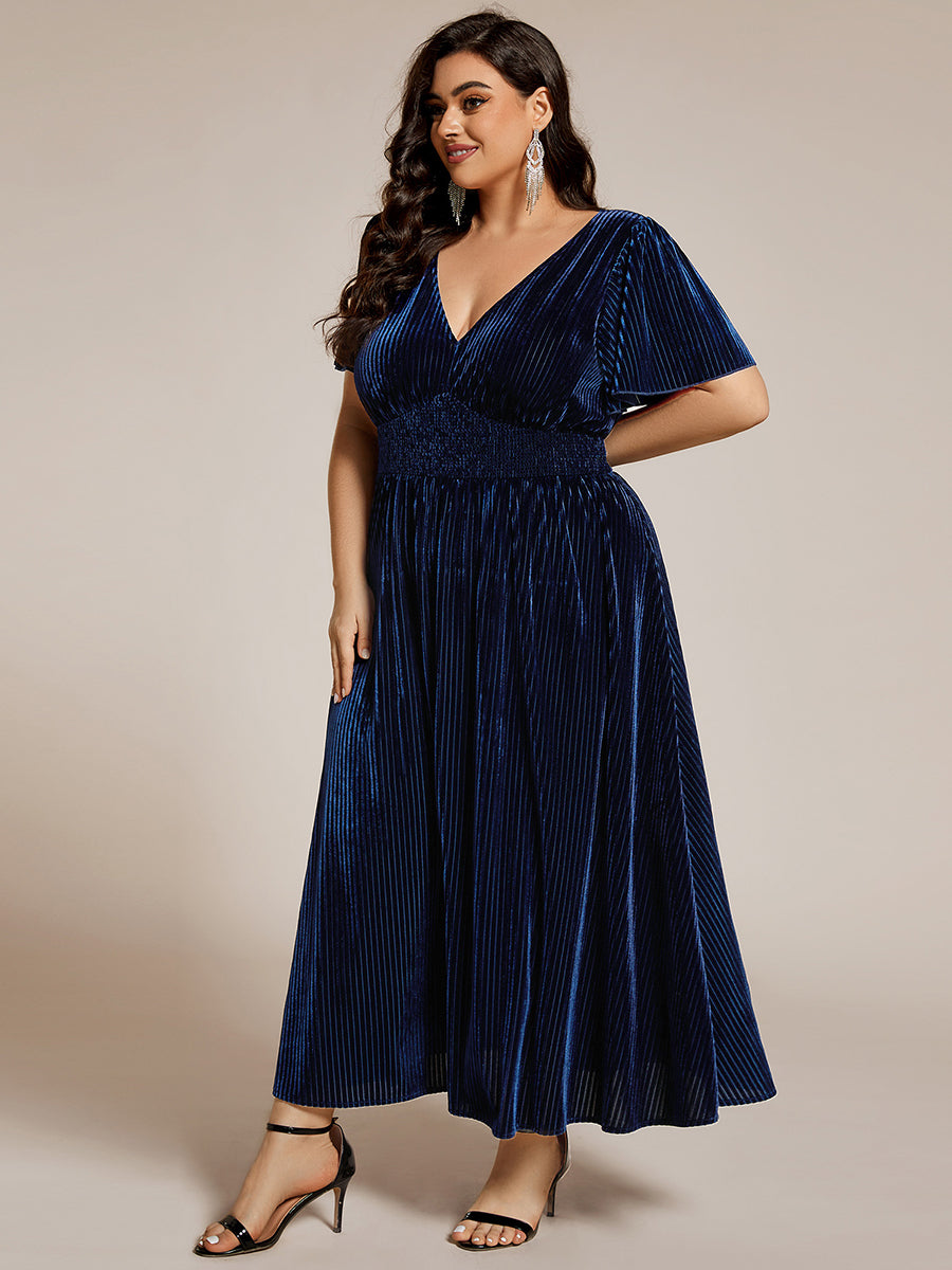 Midi Tee-Länge A-Linie Kleid Mit V-Ausschnitt Aus Weichem Samt Elegant Und Bequem Kleid #Farbe_Marineblau