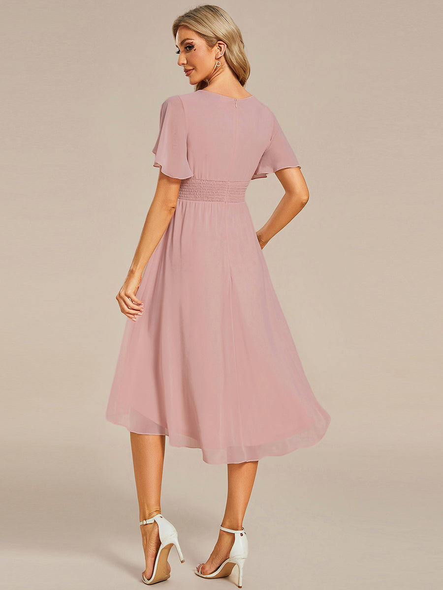 Robe d'invit¨¦ de mariage trap¨¨ze en mousseline fluide ¨¤ encolure ronde et longueur au genou #farbe_Altrosa