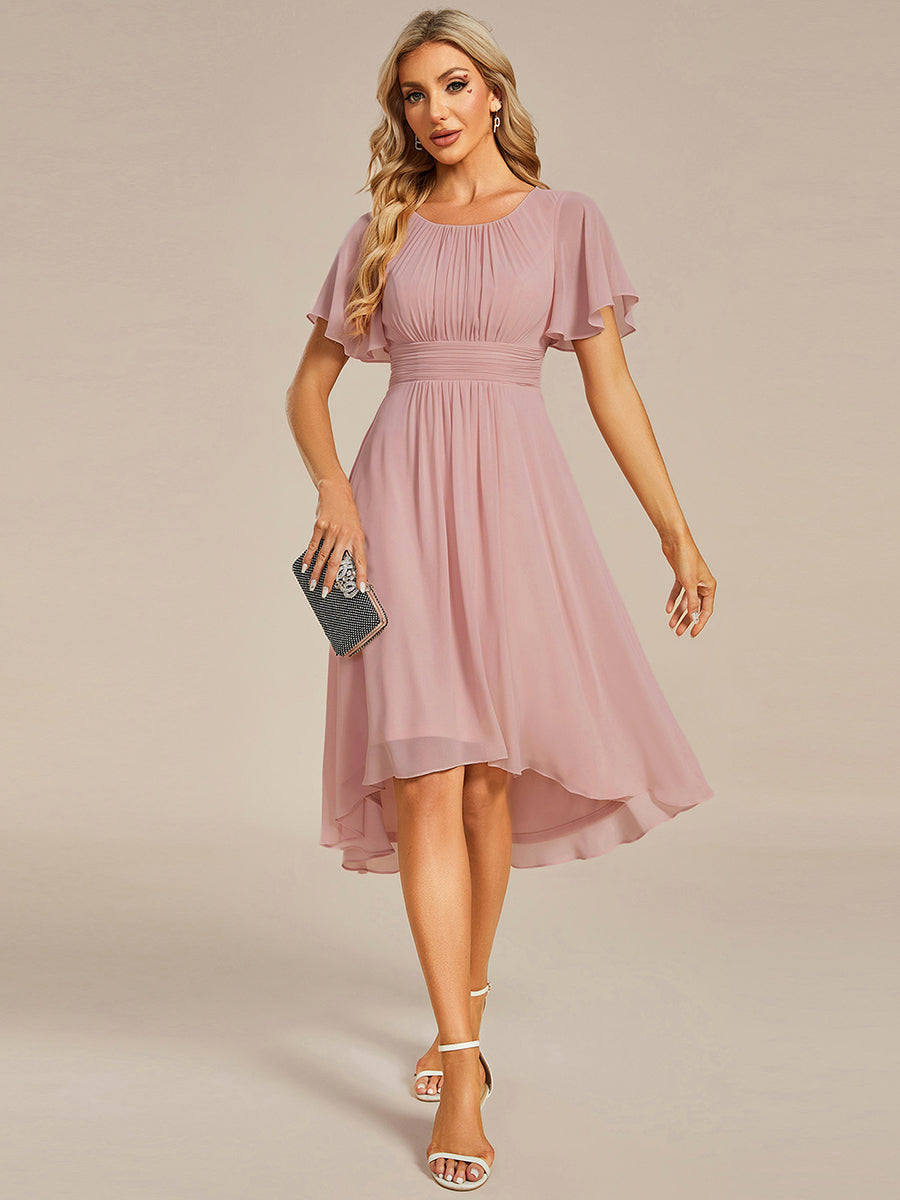 Robe d'invit¨¦ de mariage trap¨¨ze en mousseline fluide ¨¤ encolure ronde et longueur au genou #farbe_Altrosa