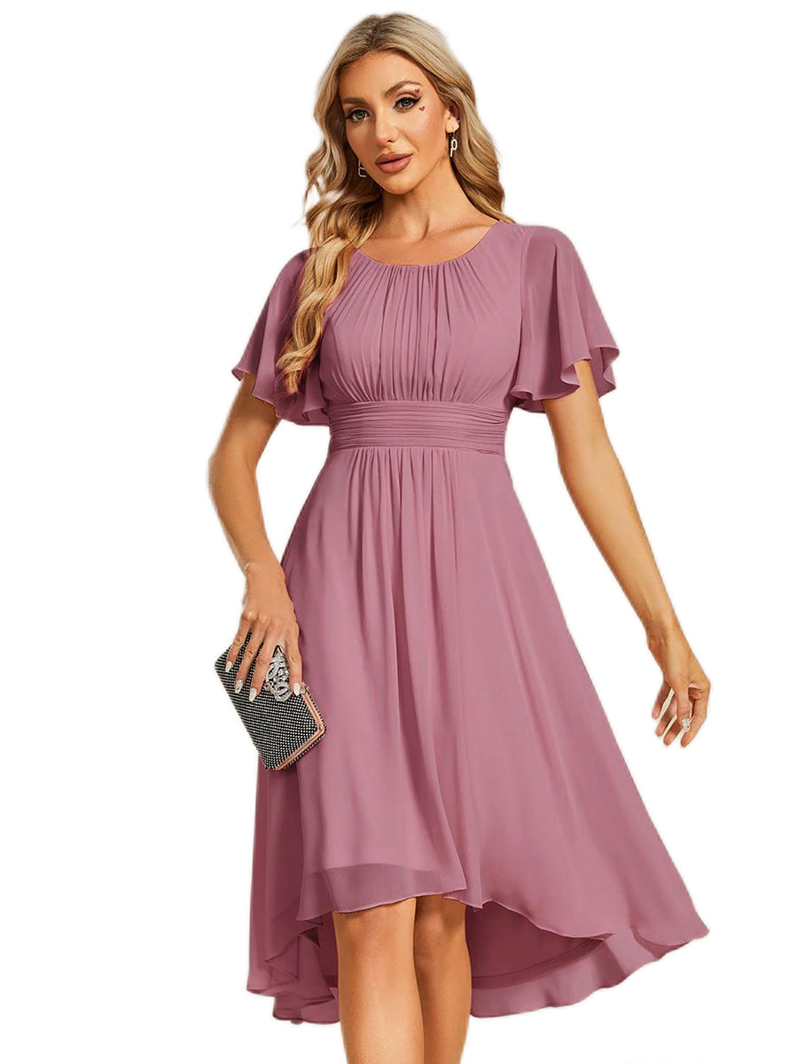 Robe d'invit¨¦ de mariage trap¨¨ze en mousseline fluide ¨¤ encolure ronde et longueur au genou #farbe_Orchideenviolett