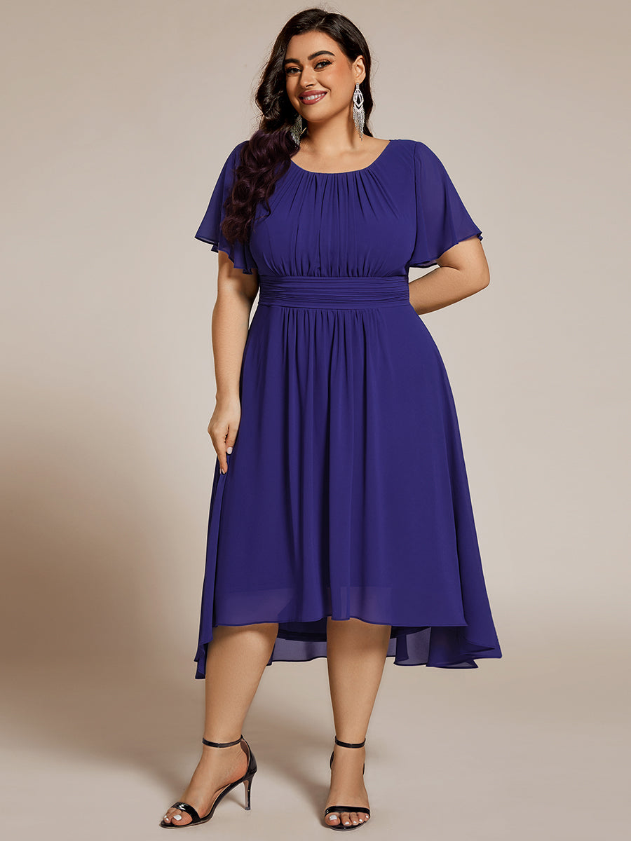 Robe d'invit¨¦ de mariage trap¨¨ze en mousseline fluide ¨¤ encolure ronde et longueur au genou #farbe_Saphirblau