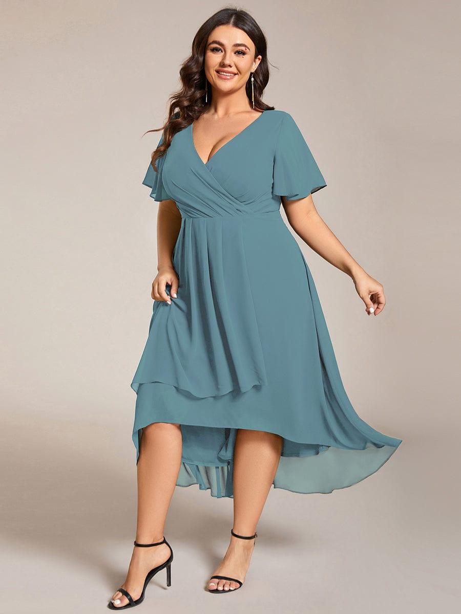 Funkelndes Abendkleid in A-Linie mit Empire-Taille und langen ?rmeln #farbe_Dusty Blau