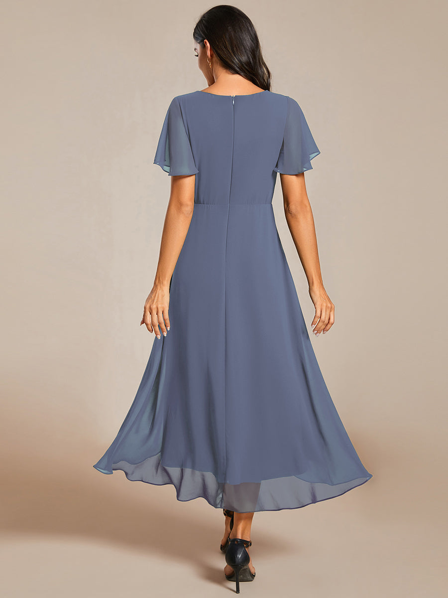 Funkelndes Abendkleid in A-Linie mit Empire-Taille und langen ?rmeln #farbe_Taubenblau