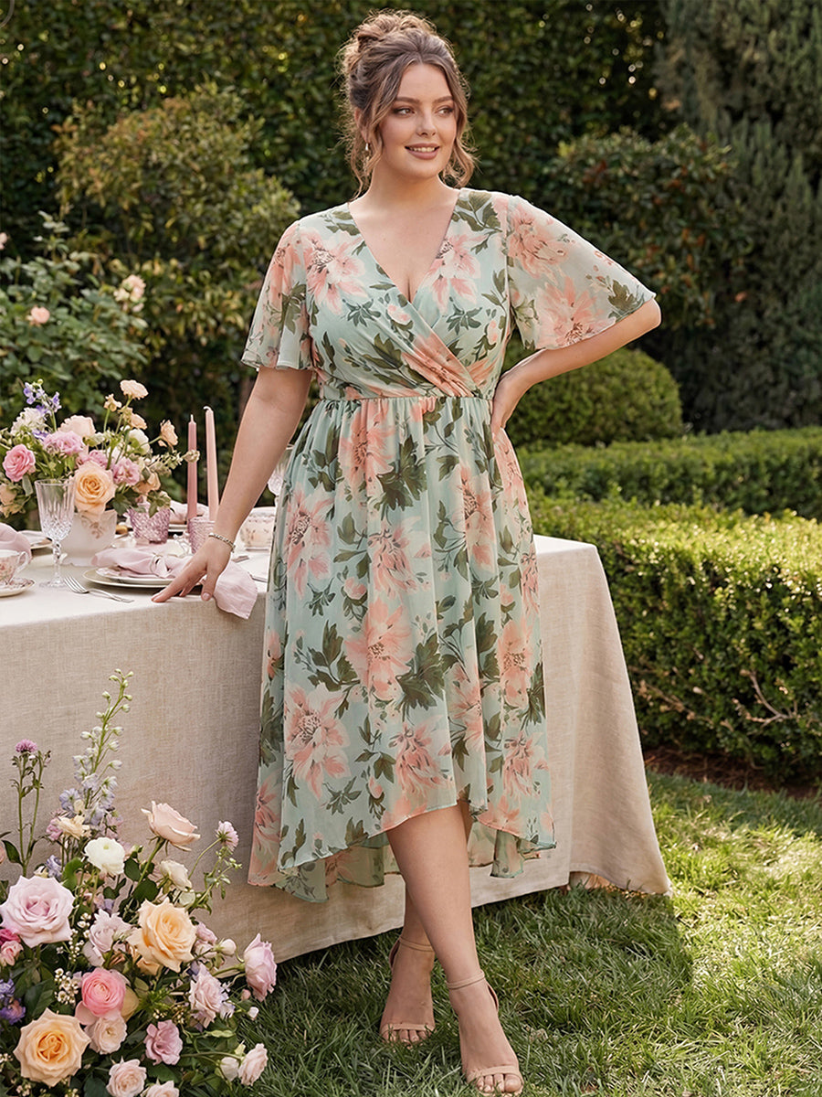 Funkelndes Abendkleid in A-Linie mit Empire-Taille und langen ?rmeln #farbe_Grüne Blüten