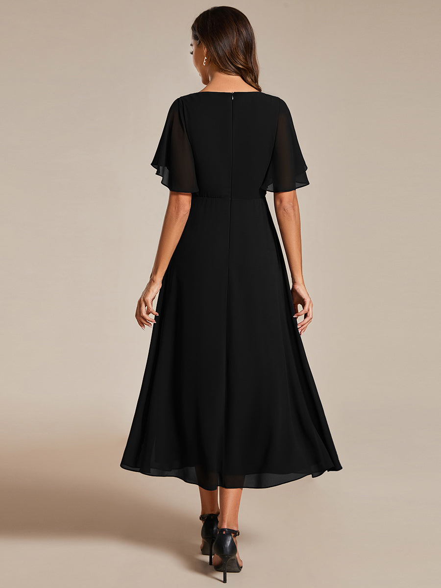 Midi Länge V-Ausschnitt A-Linie Chiffon Kleid Mit Applikationen Und Raffung Details Kleid #Farbe_Schwarz