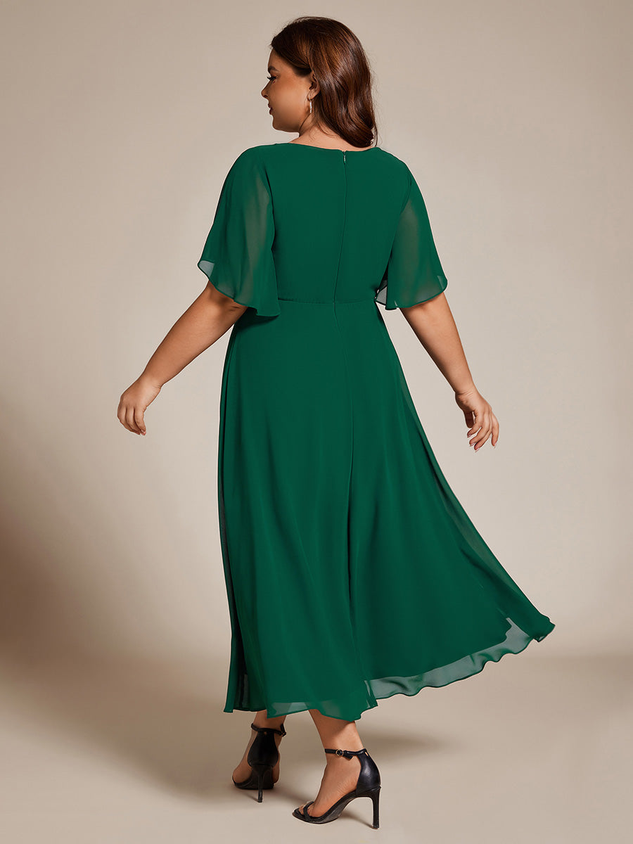 Midi Länge V-Ausschnitt A-Linie Chiffon Kleid Mit Applikationen Und Raffung Details Kleid #Farbe_Dunkelgrün