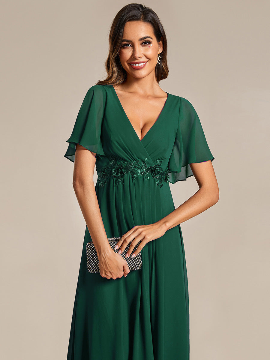 Midi Länge V-Ausschnitt A-Linie Chiffon Kleid Mit Applikationen Und Raffung Details Kleid #Farbe_Dunkelgrün