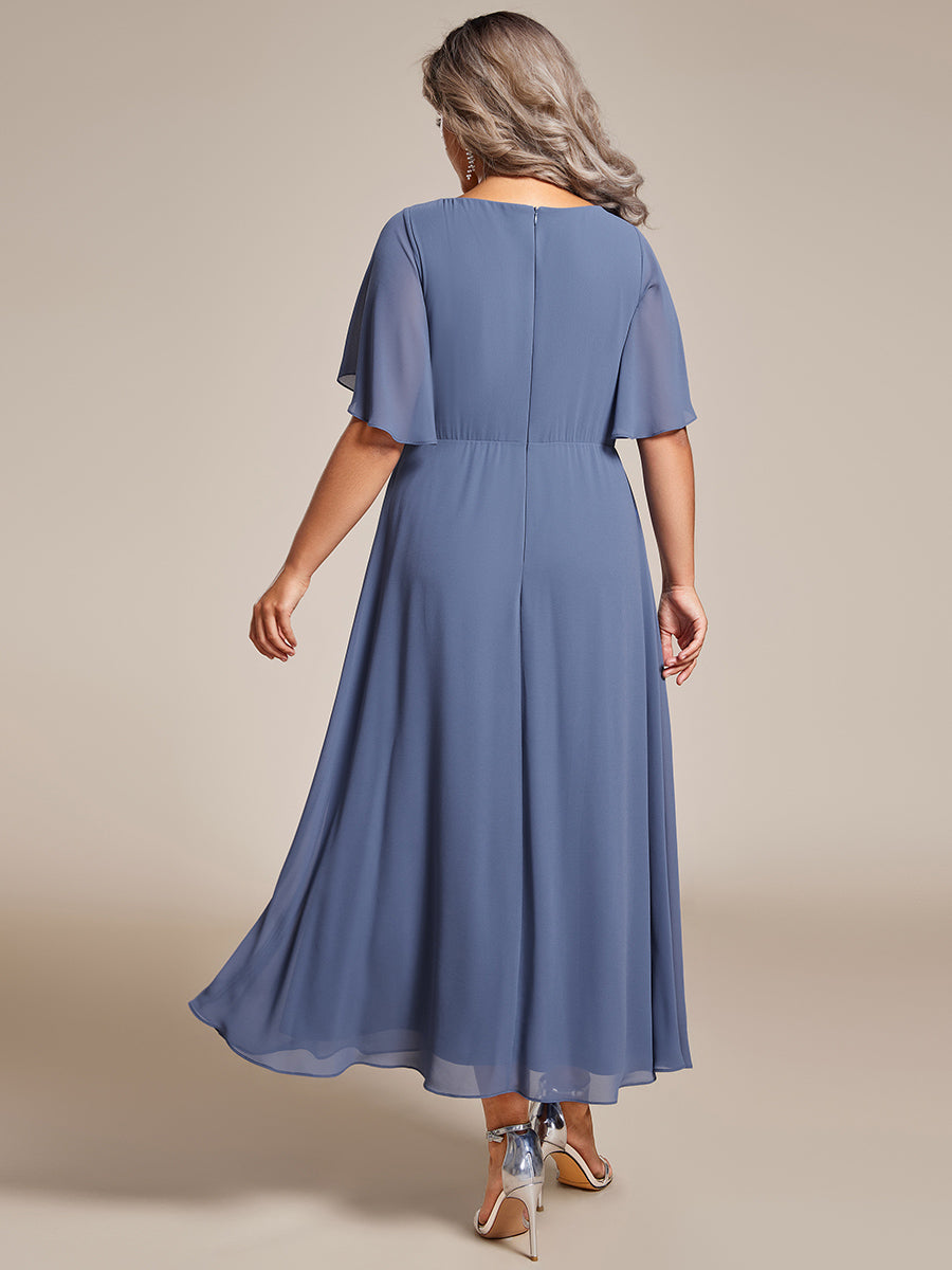 Midi Länge V-Ausschnitt A-Linie Chiffon Kleid Mit Applikationen Und Raffung Details Kleid #Farbe_Taubenblau