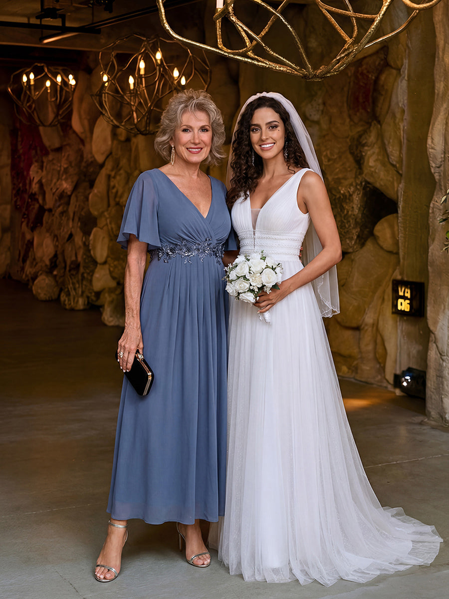 Midi Länge V-Ausschnitt A-Linie Chiffon Kleid Mit Applikationen Und Raffung Details Kleid #Farbe_Taubenblau