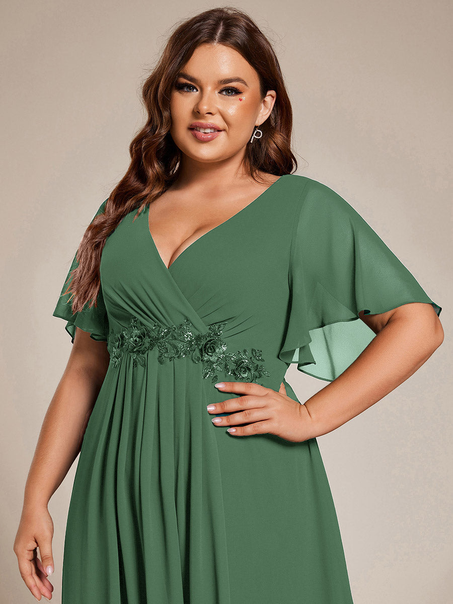 Midi Länge V-Ausschnitt A-Linie Chiffon Kleid Mit Applikationen Und Raffung Details Kleid #Farbe_Eukalyptus