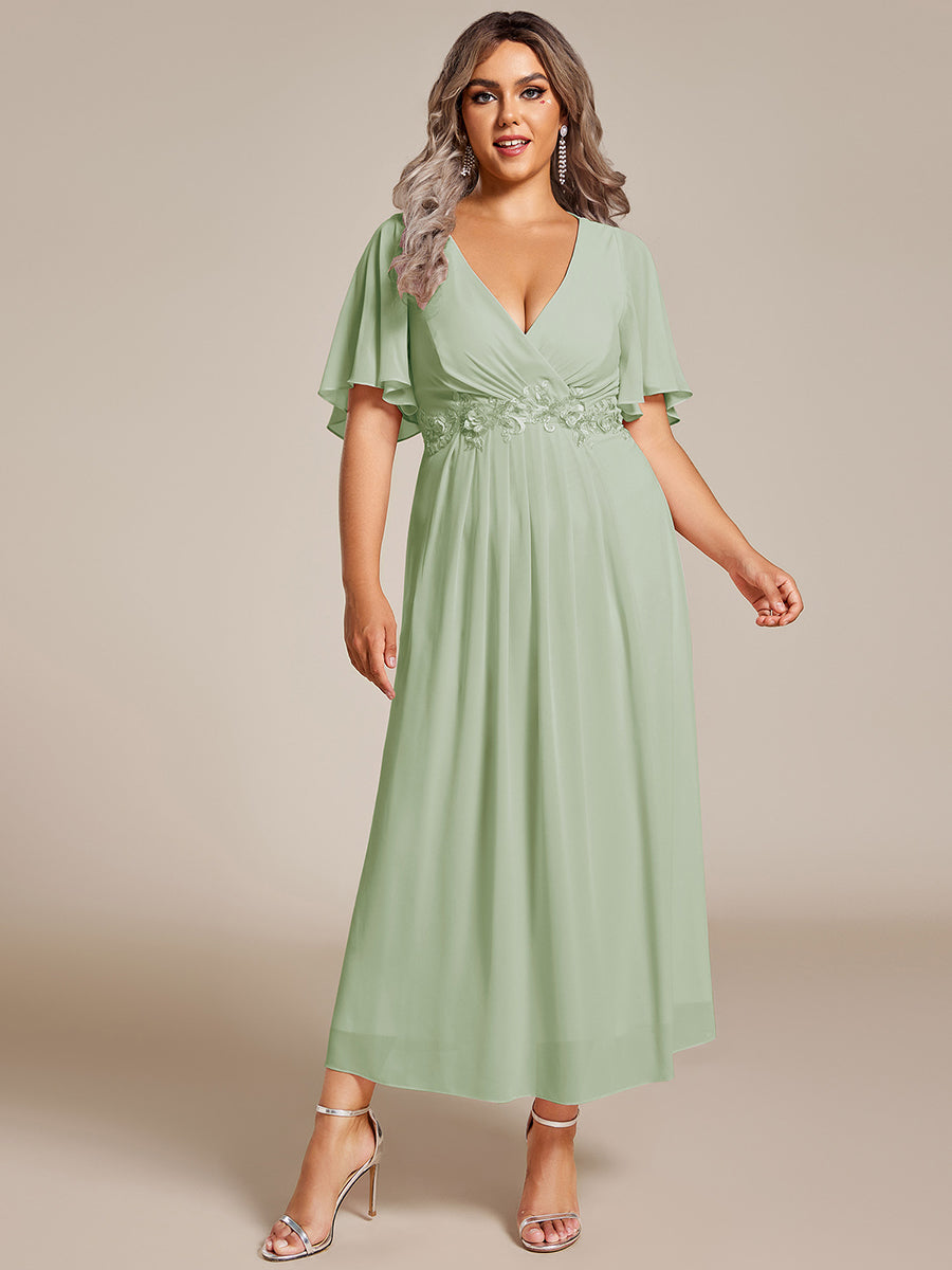 Midi Länge V-Ausschnitt A-Linie Chiffon Kleid Mit Applikationen Und Raffung Details Kleid #Farbe_Mintgrün