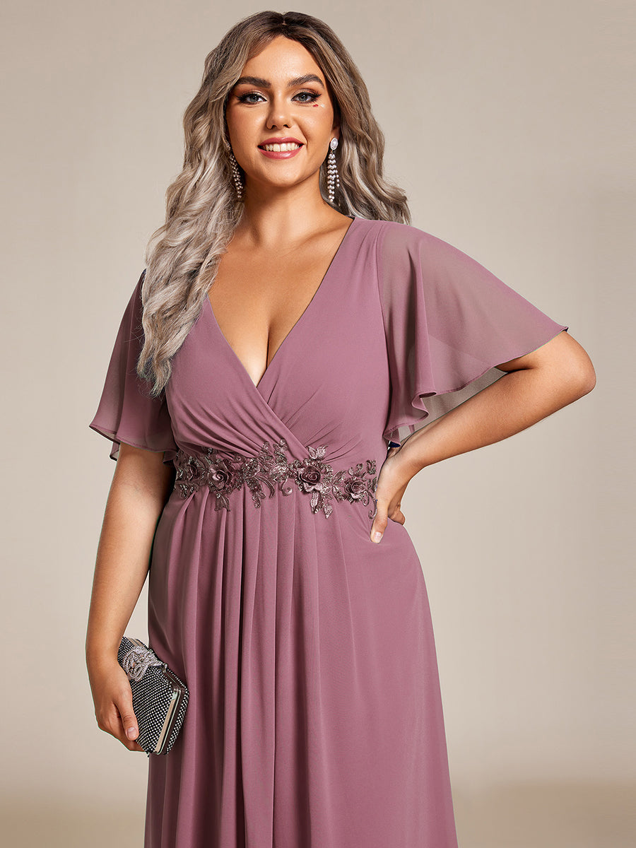 Midi Länge V-Ausschnitt A-Linie Chiffon Kleid Mit Applikationen Und Raffung Details Kleid #Farbe_Orchideenviolett