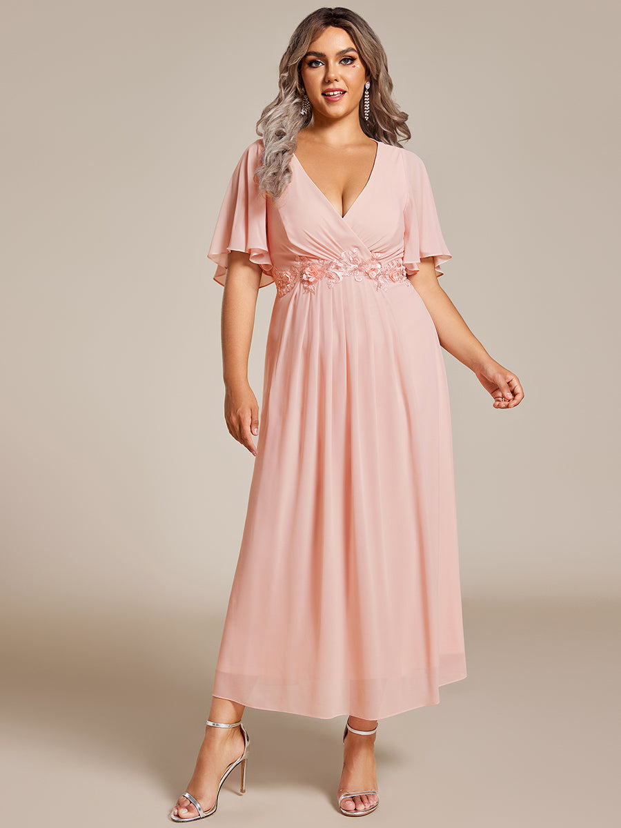 Midi Länge V-Ausschnitt A-Linie Chiffon Kleid Mit Applikationen Und Raffung Details Kleid #Farbe_Pink