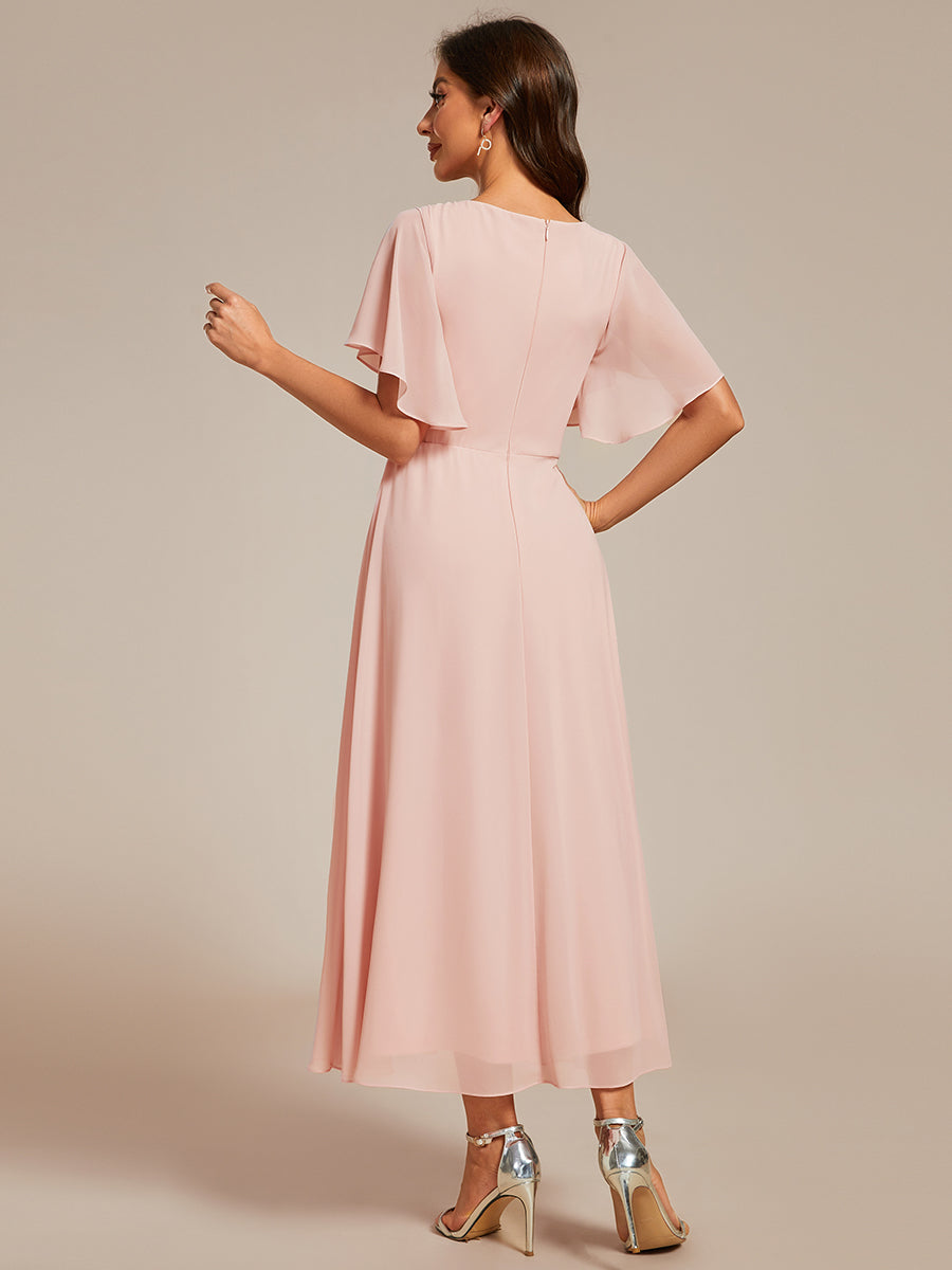 Midi Länge V-Ausschnitt A-Linie Chiffon Kleid Mit Applikationen Und Raffung Details Kleid #Farbe_Pink