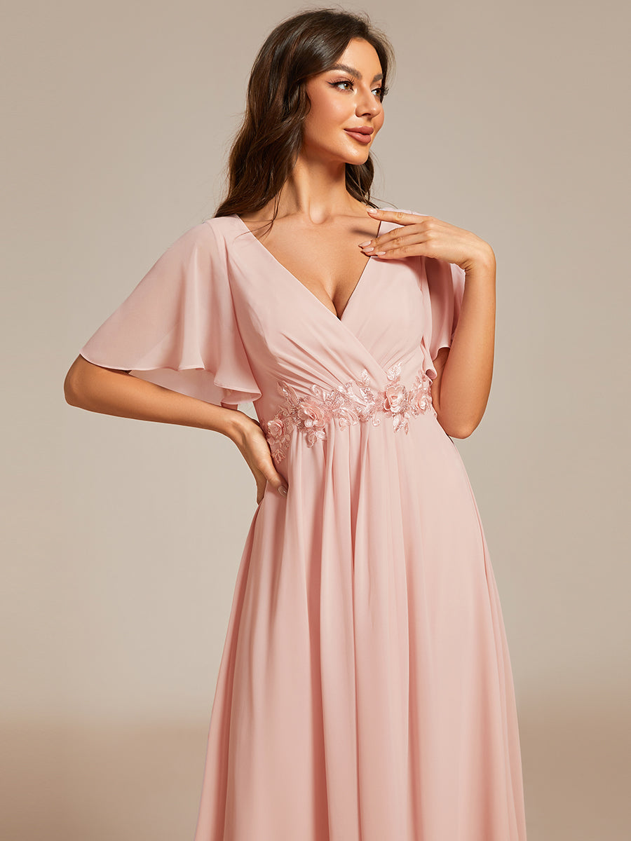 Midi Länge V-Ausschnitt A-Linie Chiffon Kleid Mit Applikationen Und Raffung Details Kleid #Farbe_Pink