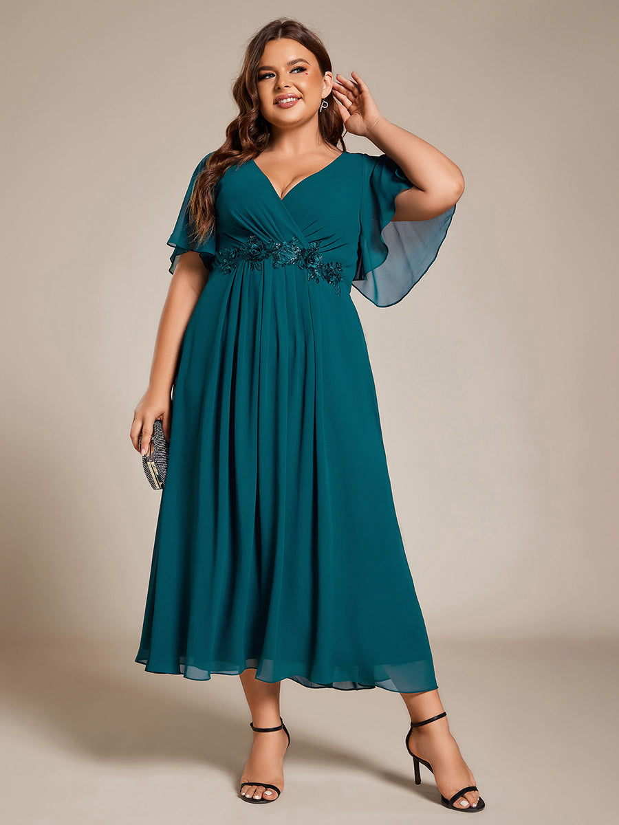 Midi Länge V-Ausschnitt A-Linie Chiffon Kleid Mit Applikationen Und Raffung Details Kleid #Farbe_Petrol